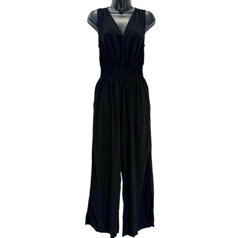 GAP Womens One Piece Jumpsuit Black Size M Sleeveless Smocked Wide Leg Pockets